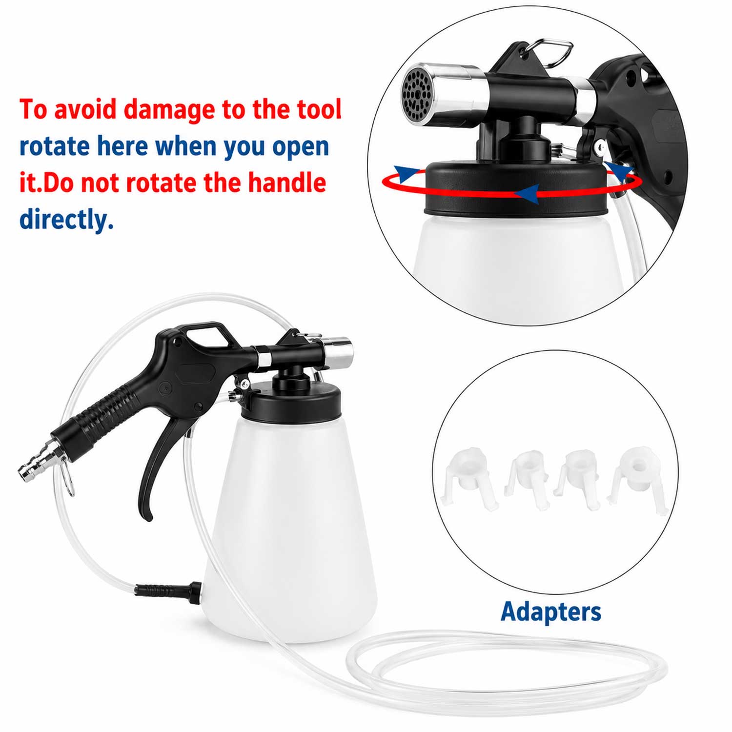 Set pistol pneumatic de aerisit si schimbat lichid, ulei  de frana, extractor si reumplere lichid de frana, cu 4 adaptori