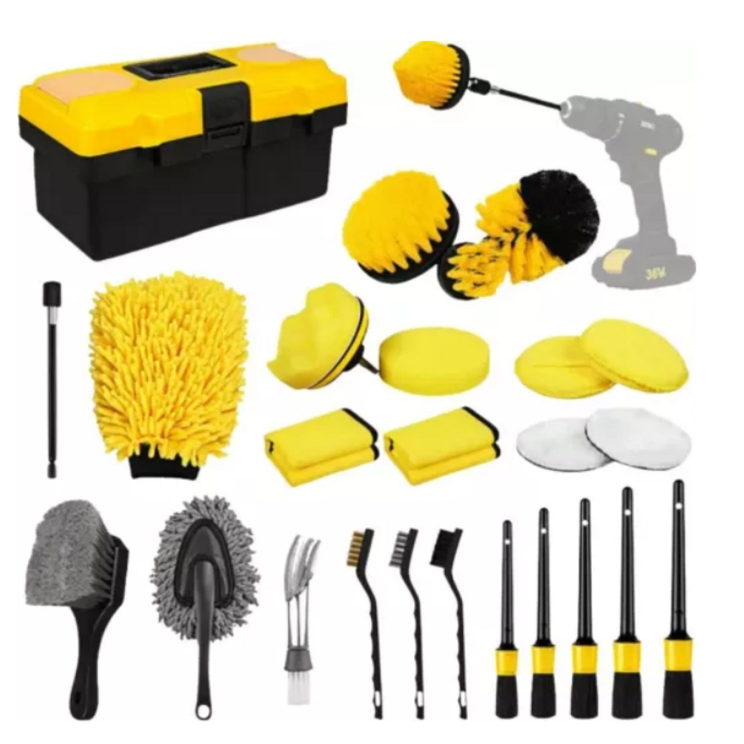 Set profesional pentru curatare auto detailing - 27 piese, perii, pensule, bureti, lavete - RESSER