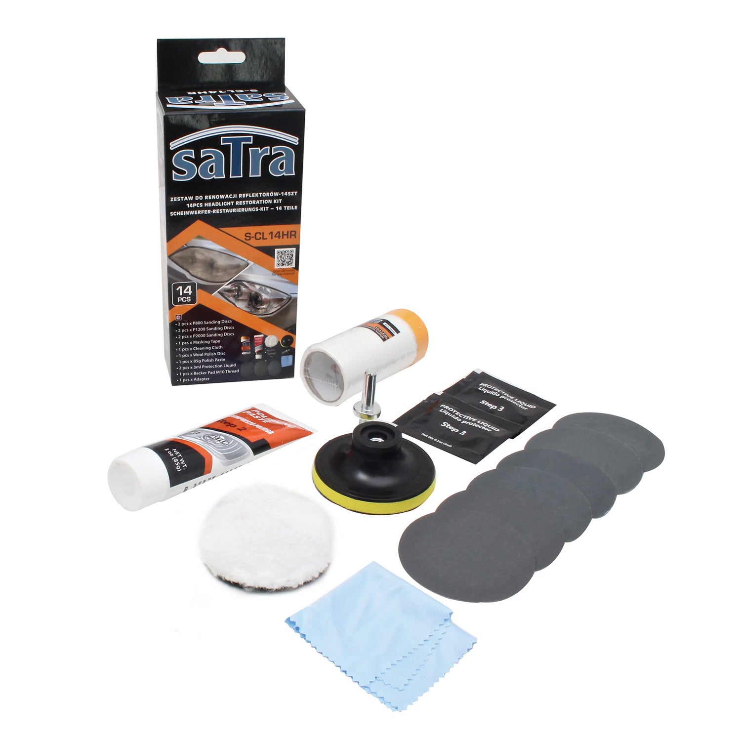 Set restaurare faruri 14 piese, discuri abrazive, pasta polish, lac portectie uv