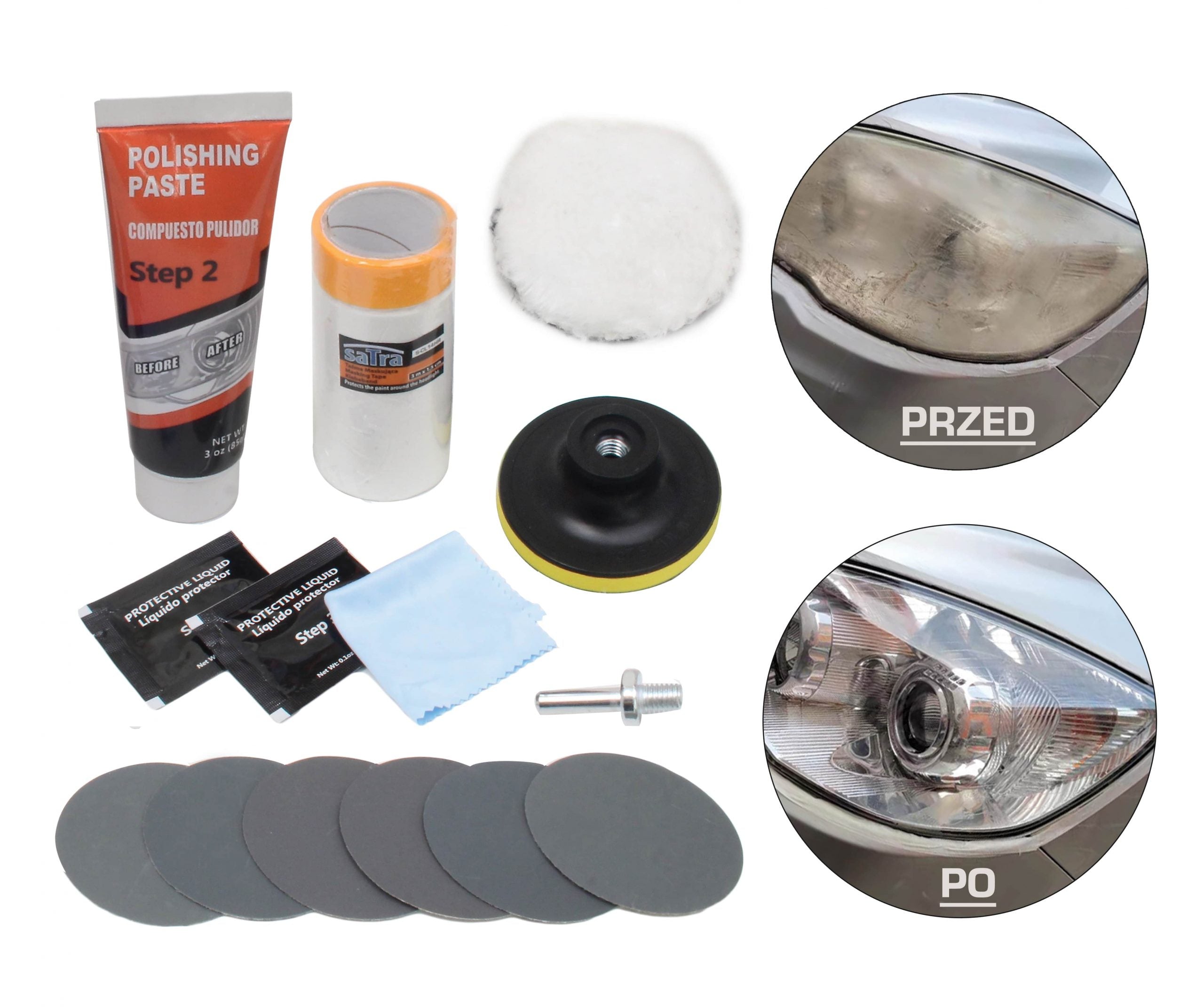 Set restaurare faruri 14 piese, discuri abrazive, pasta polish, lac portectie uv