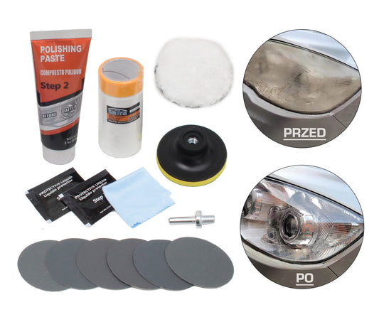 Set restaurare faruri 14 piese, discuri abrazive, pasta polish, lac portectie uv