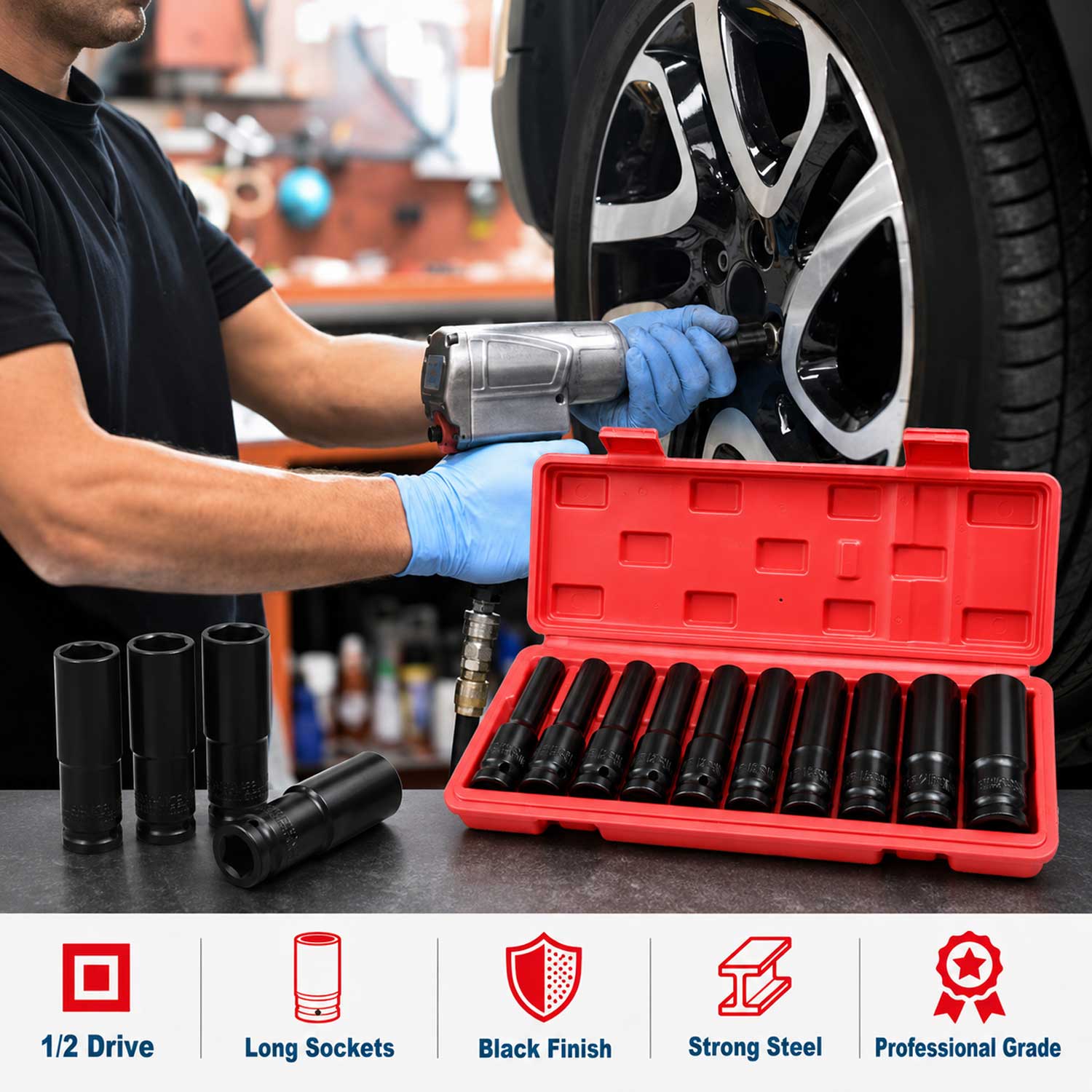 Set tubulare 1/2 lungi negre 8-24 mm 10 piese GEBO TOOLS