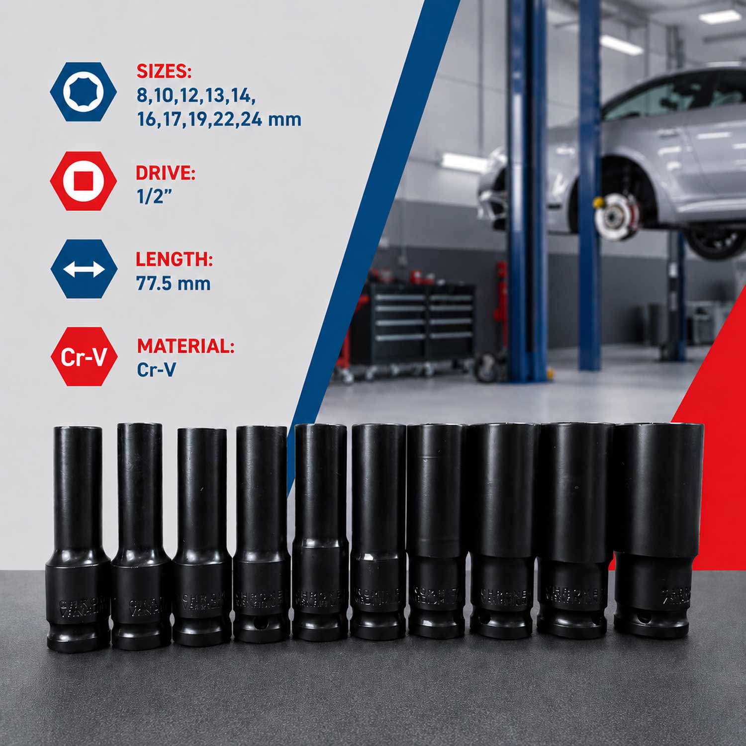 Set tubulare 1/2 lungi negre 8-24 mm 10 piese GEBO TOOLS