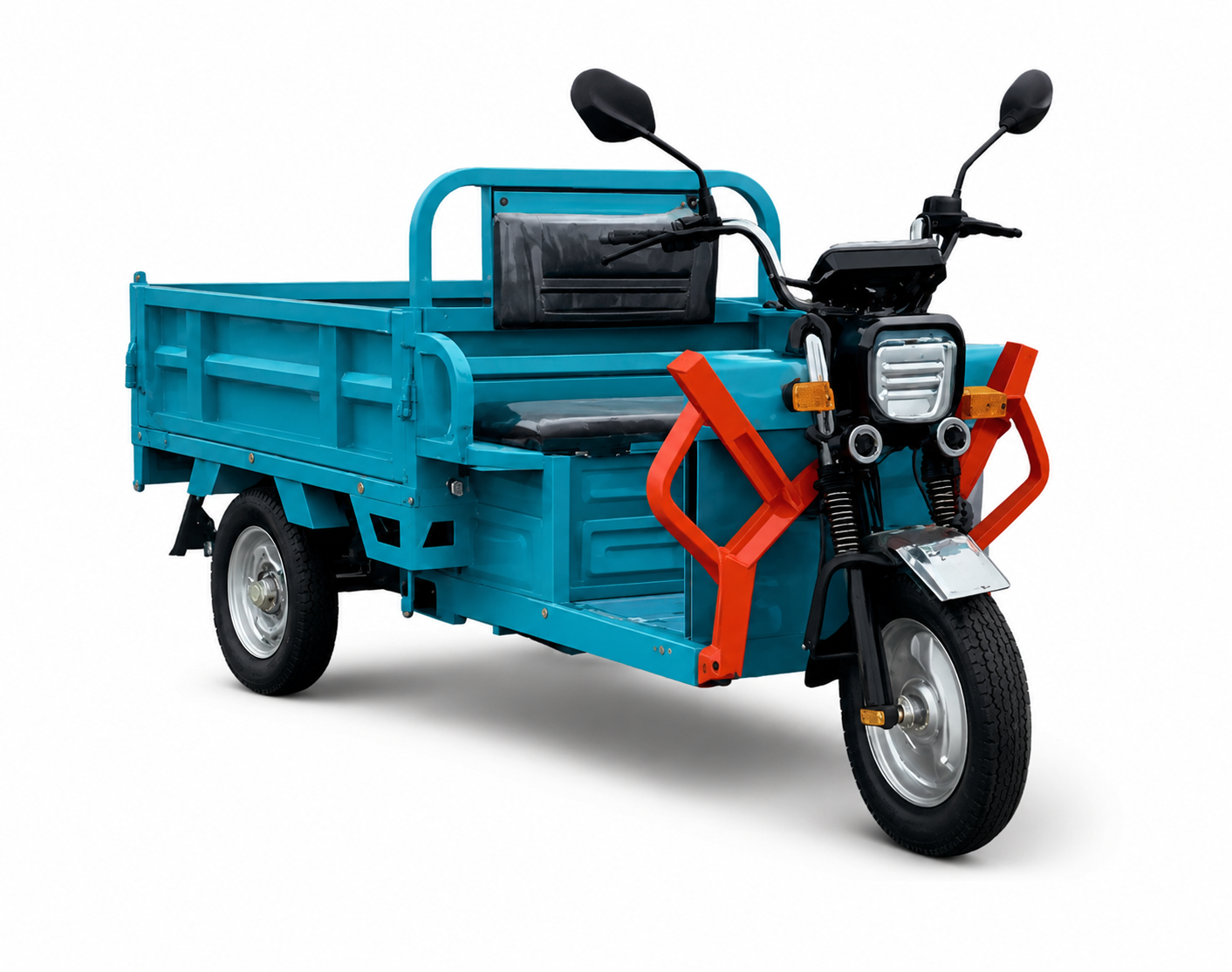 Triciclu electric cargo fara permis E-TUK, remorca cu bena basculanta hidraulica, motor 1500w, viteza maxima 35 km/h, autonomie 60 km