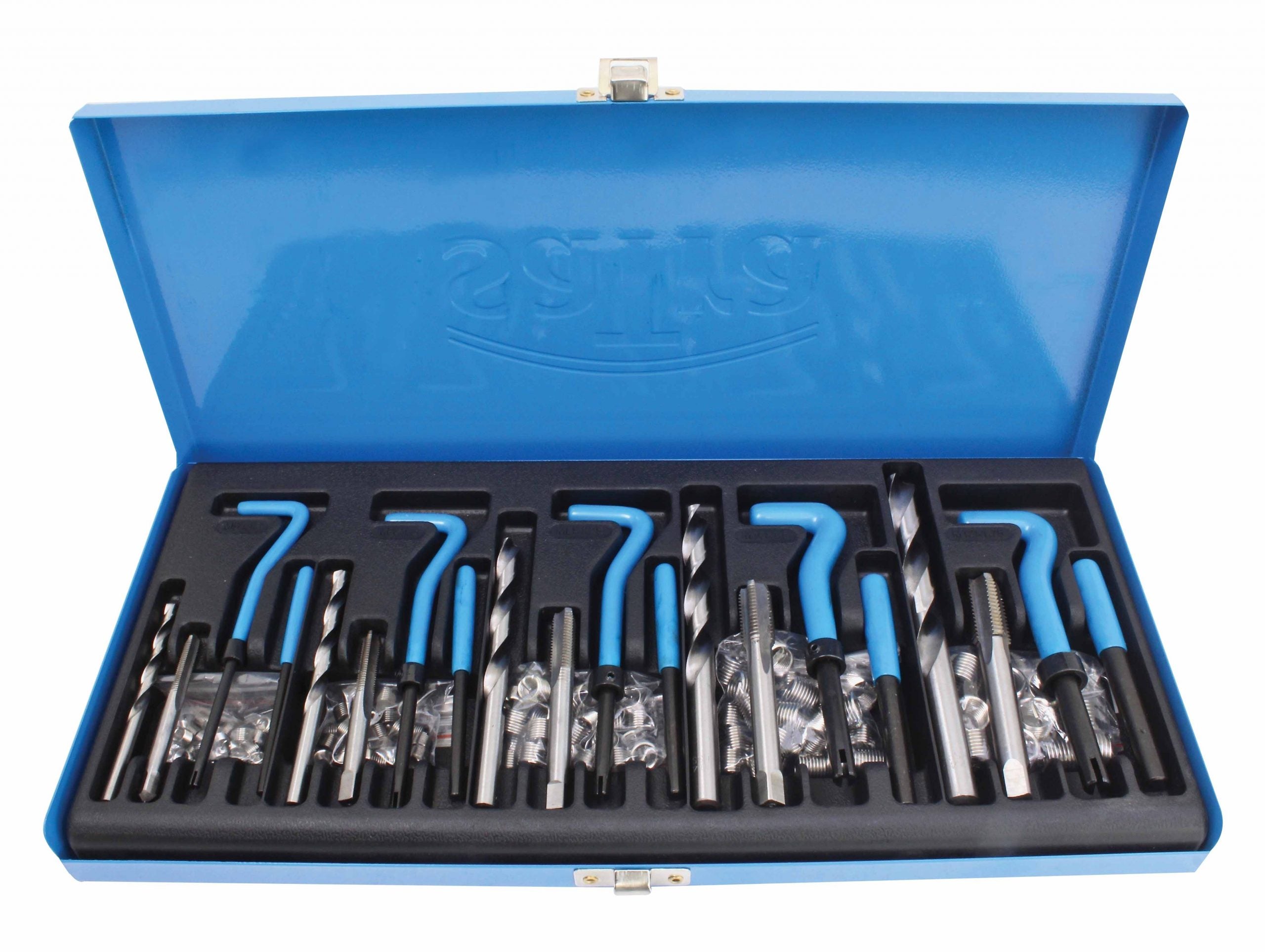Trusa 131 piese pentru reparat filete m5-M12 cu inserturi inox, burghie si tarozi HSS