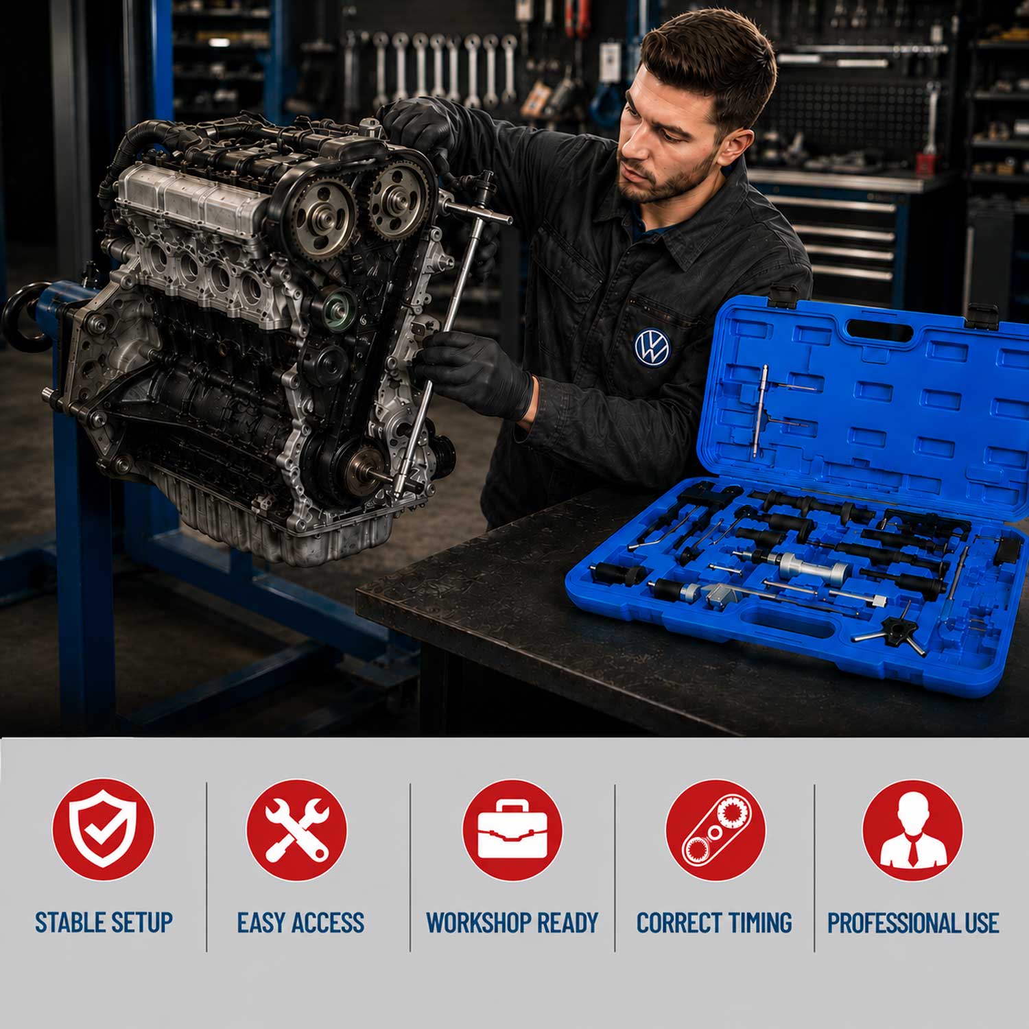 Trusa cale blocare fixare distributie diesel benzina VW AUDI SEAT SKODA 1.2 1.4 1.6 1.9 2.0 2.5 3.3 diesel si benzina GEBO TOOLS