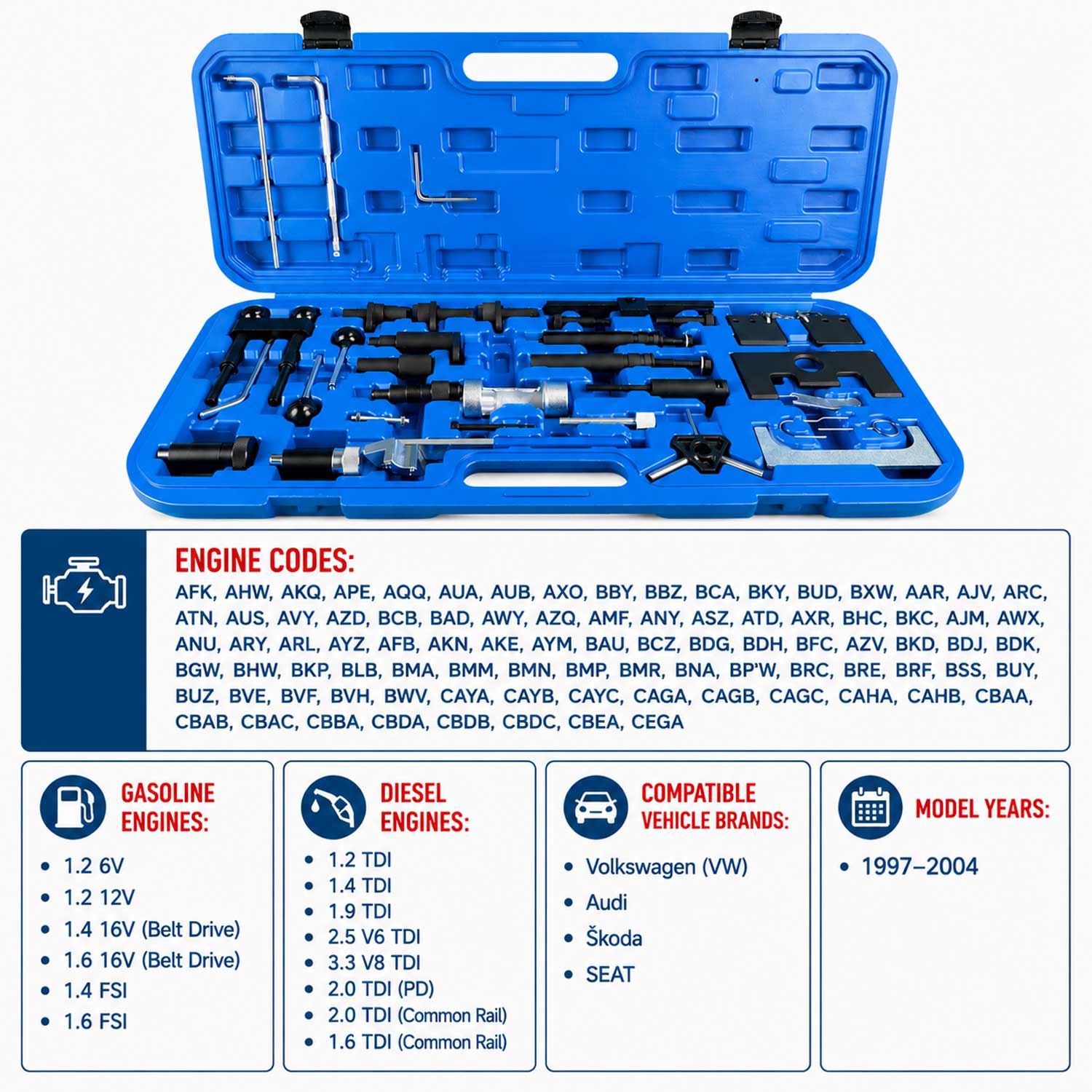 Trusa cale blocare fixare distributie diesel benzina VW AUDI SEAT SKODA 1.2 1.4 1.6 1.9 2.0 2.5 3.3 diesel si benzina GEBO TOOLS