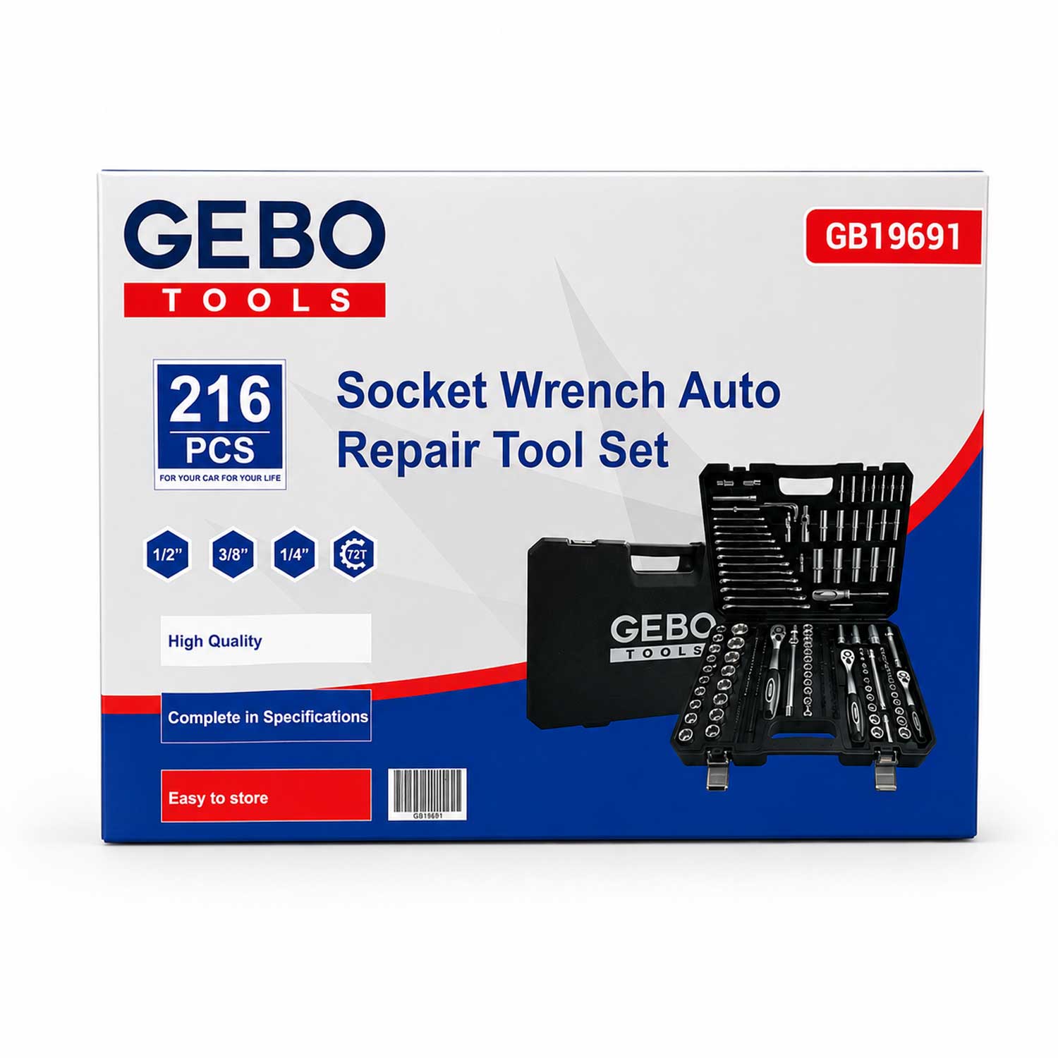 Trusa de scule profesionala cu tubulare si clicheti 1/2 3/8 1/4 216 piese GEBO TOOLS