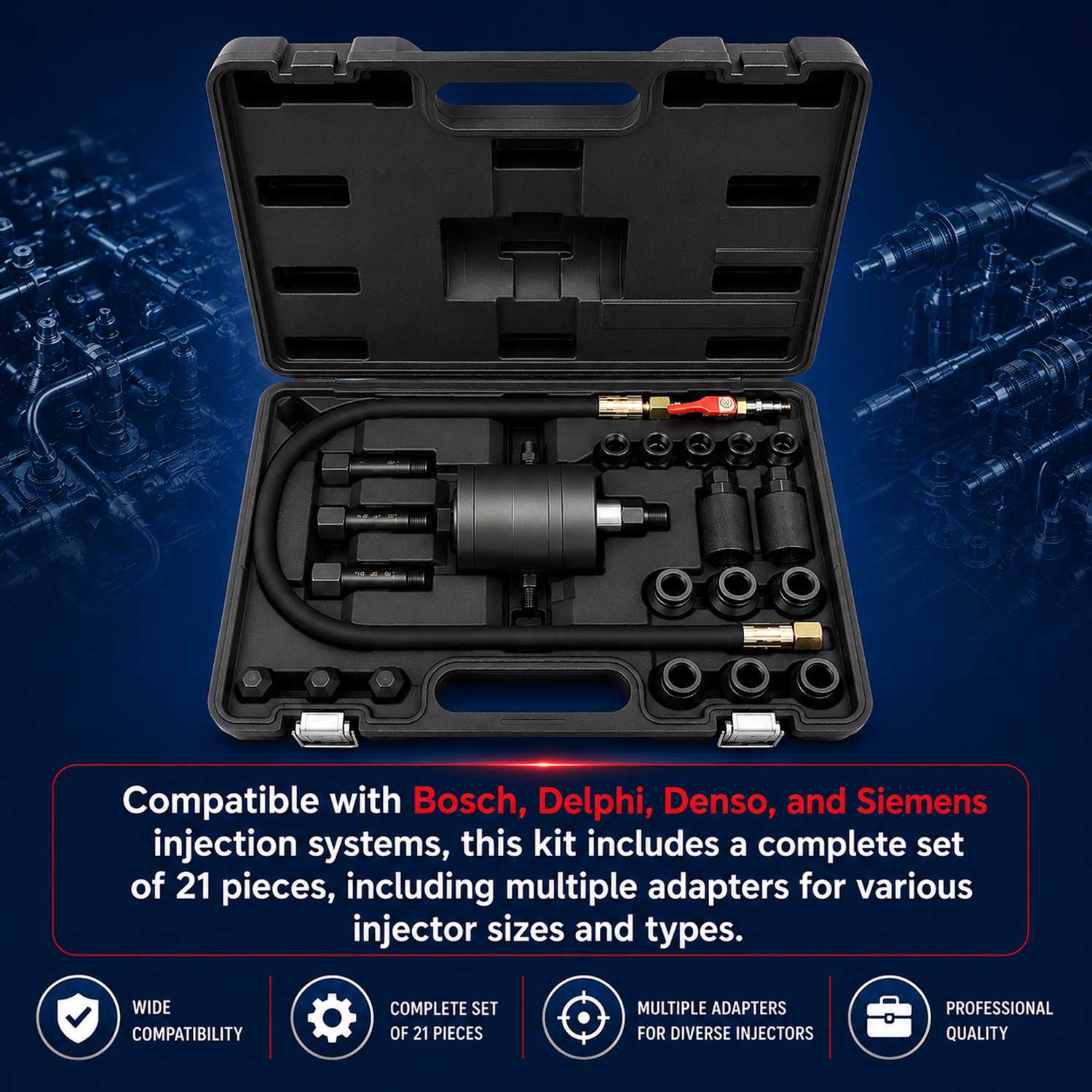Trusa presa extractor pneumatic pentru injectoare forta 1000 NM 21 piese BOSCH delphi denso SIEMENS