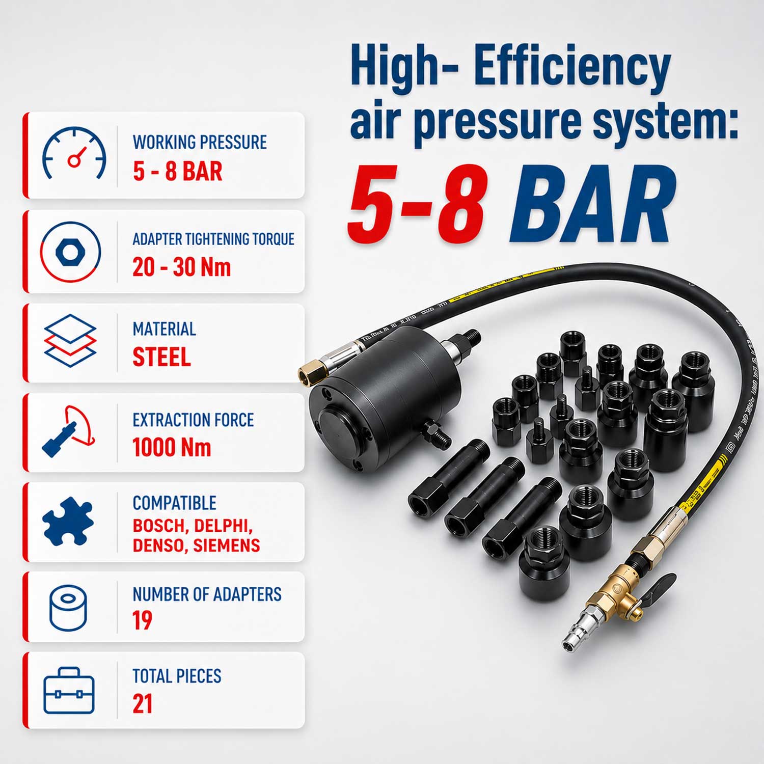 Trusa presa extractor pneumatic pentru injectoare forta 1000 NM 21 piese BOSCH delphi denso SIEMENS