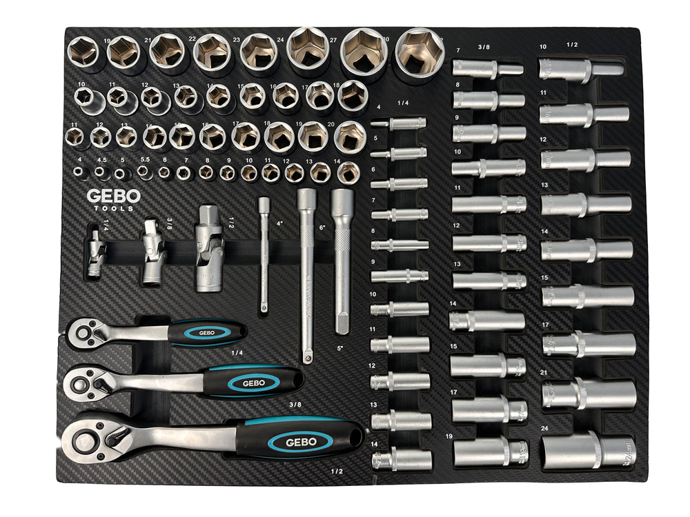 Trusa profesionala GEBO TOOLS 81 piese – modul dulap cu chei tubulare lungi si scurte, biti, prelungitoare, adaptoare si clicheti 1/2”, 3/8”, 1/4” cr-v
