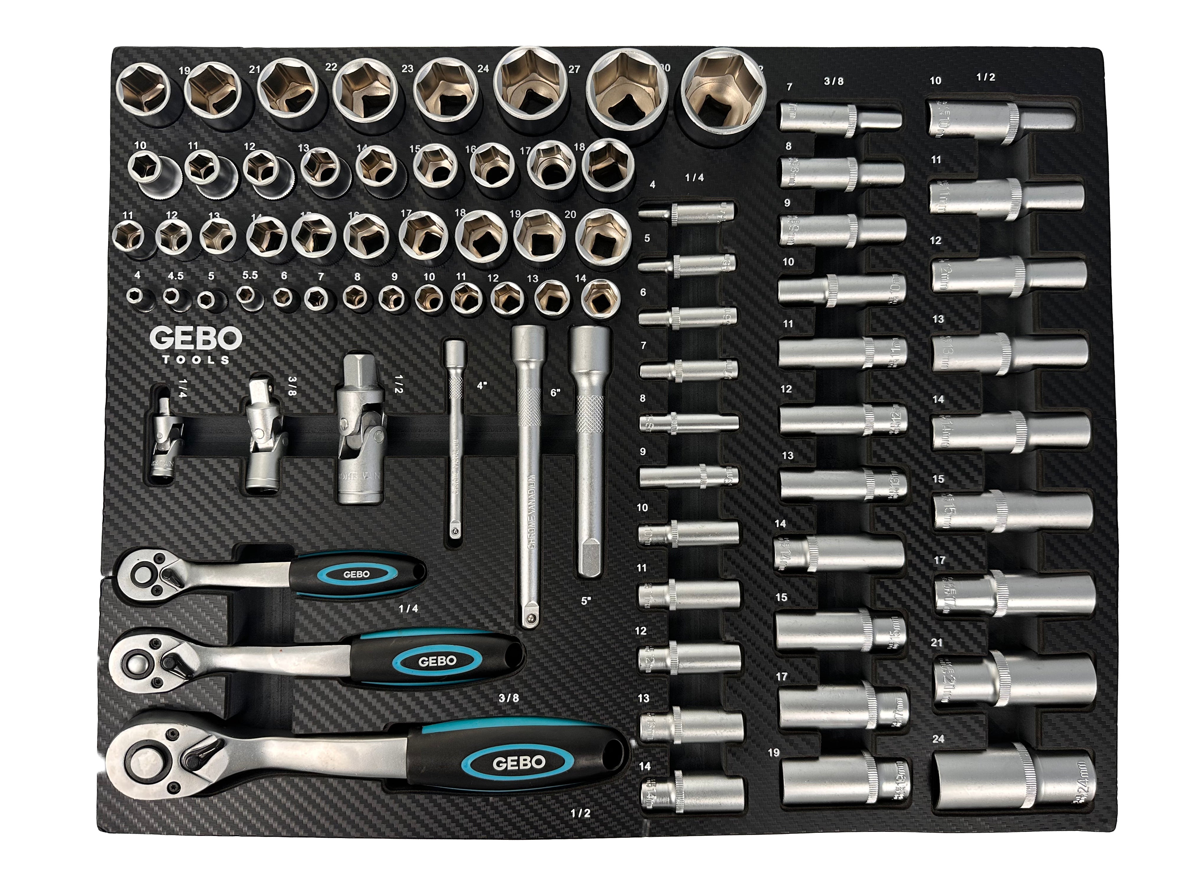 Trusa profesionala GEBO TOOLS 81 piese – modul dulap cu chei tubulare lungi si scurte, biti, prelungitoare, adaptoare si clicheti 1/2”, 3/8”, 1/4” cr-v