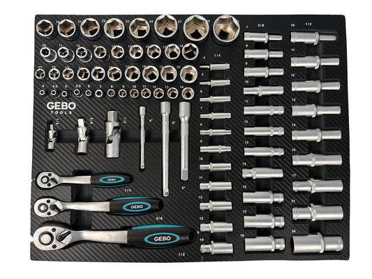 Trusa profesionala GEBO TOOLS 81 piese – modul dulap cu chei tubulare lungi si scurte, biti, prelungitoare, adaptoare si clicheti 1/2”, 3/8”, 1/4” cr-v