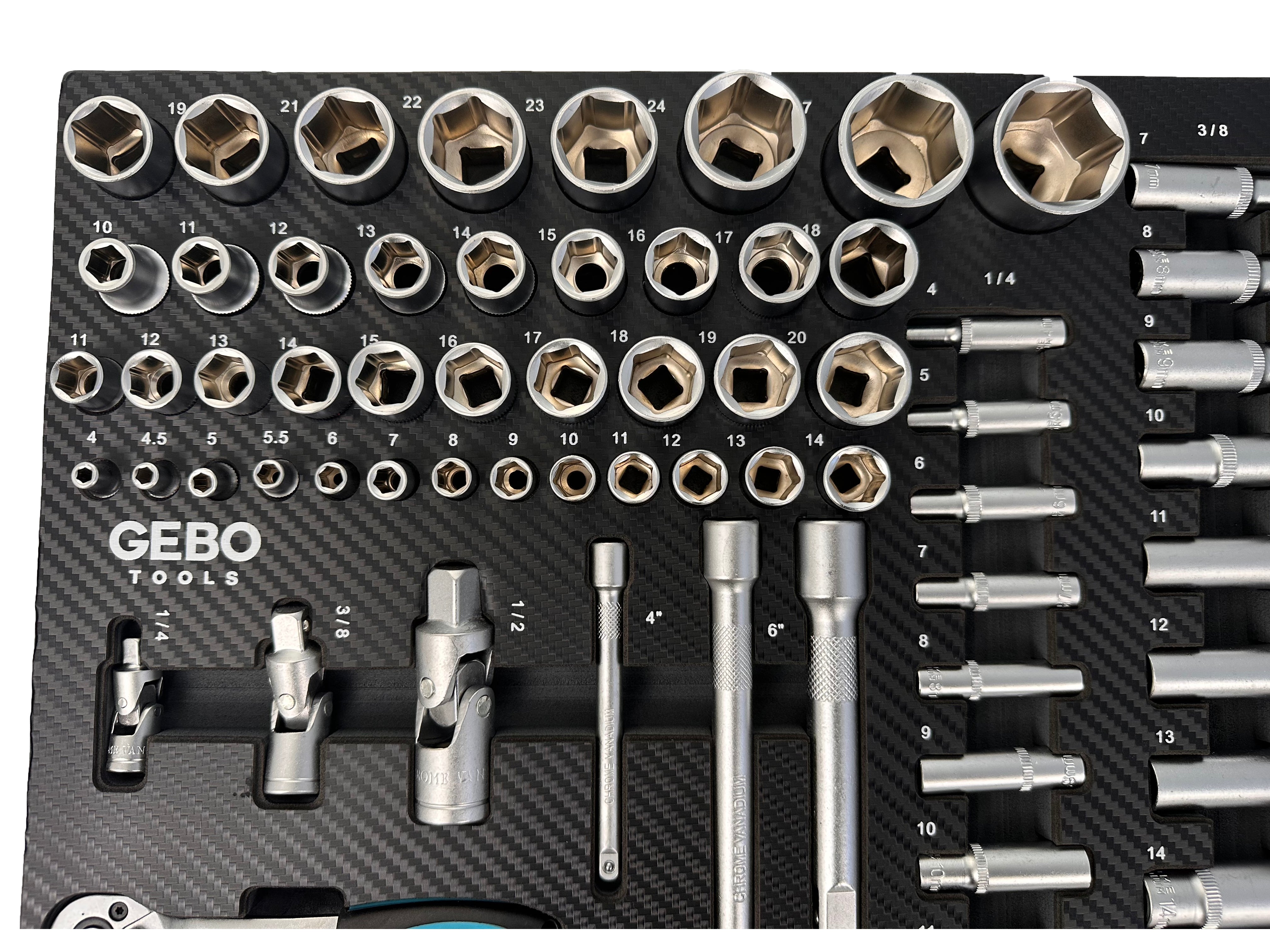 Trusa profesionala GEBO TOOLS 81 piese – modul dulap cu chei tubulare lungi si scurte, biti, prelungitoare, adaptoare si clicheti 1/2”, 3/8”, 1/4” cr-v