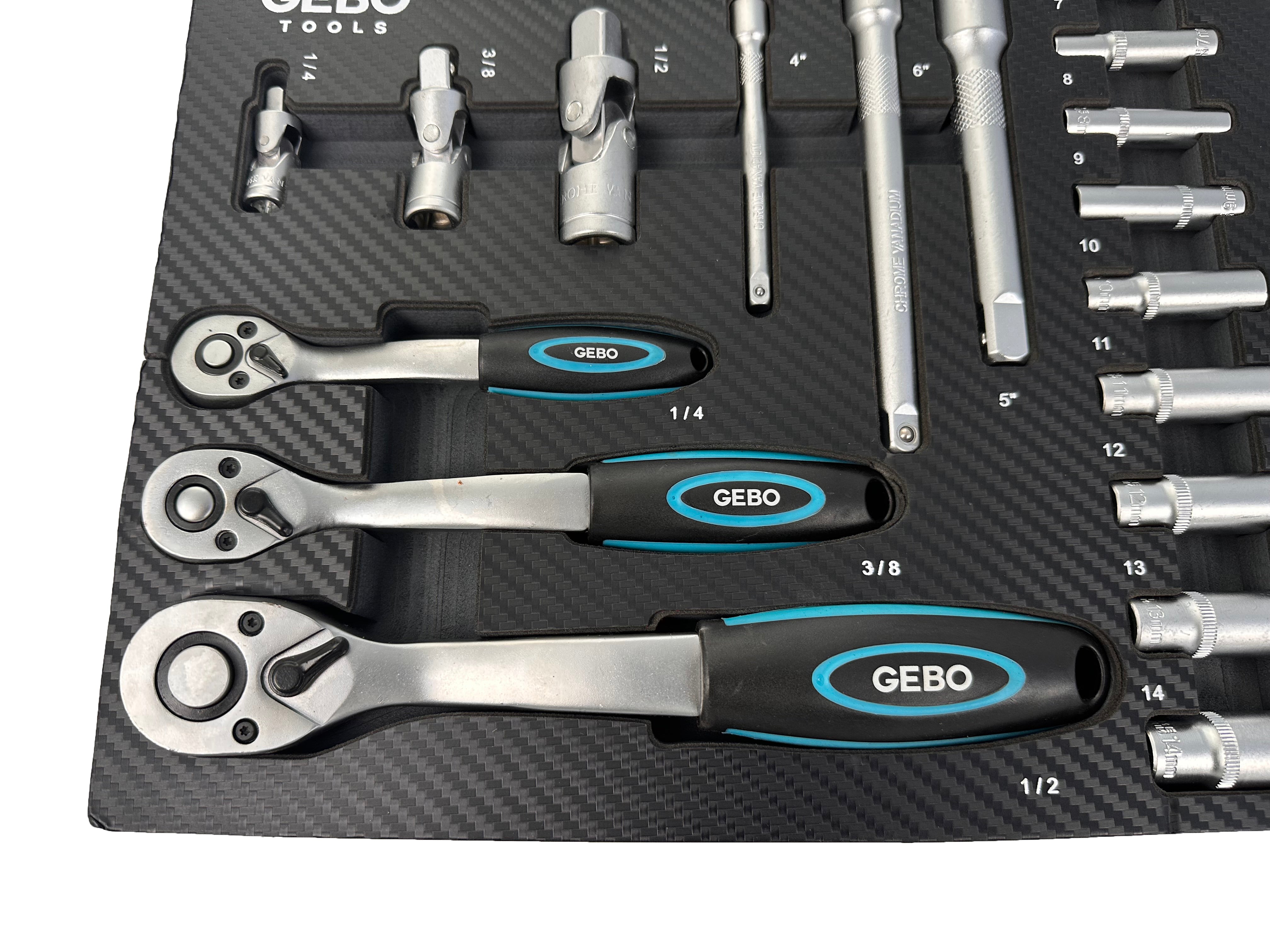 Trusa profesionala GEBO TOOLS 81 piese – modul dulap cu chei tubulare lungi si scurte, biti, prelungitoare, adaptoare si clicheti 1/2”, 3/8”, 1/4” cr-v