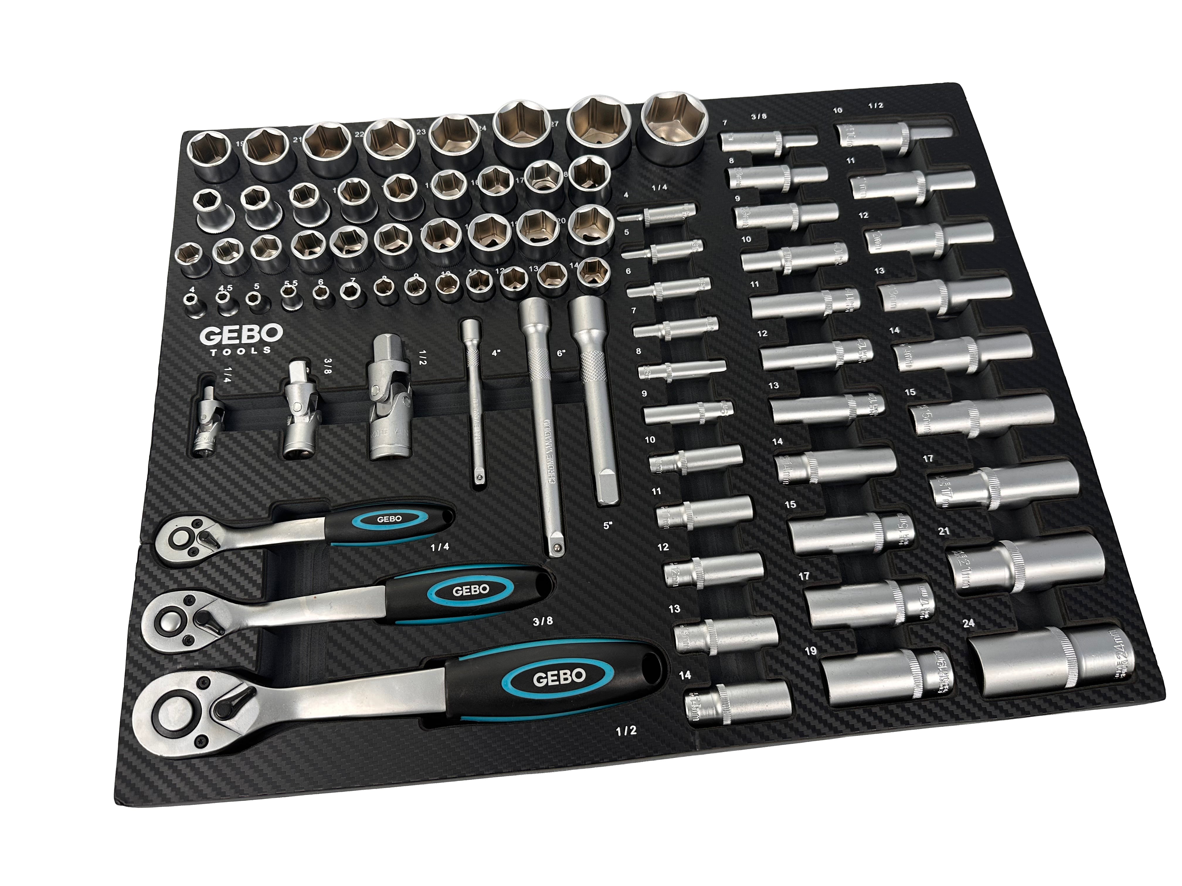 Trusa profesionala GEBO TOOLS 81 piese – modul dulap cu chei tubulare lungi si scurte, biti, prelungitoare, adaptoare si clicheti 1/2”, 3/8”, 1/4” cr-v