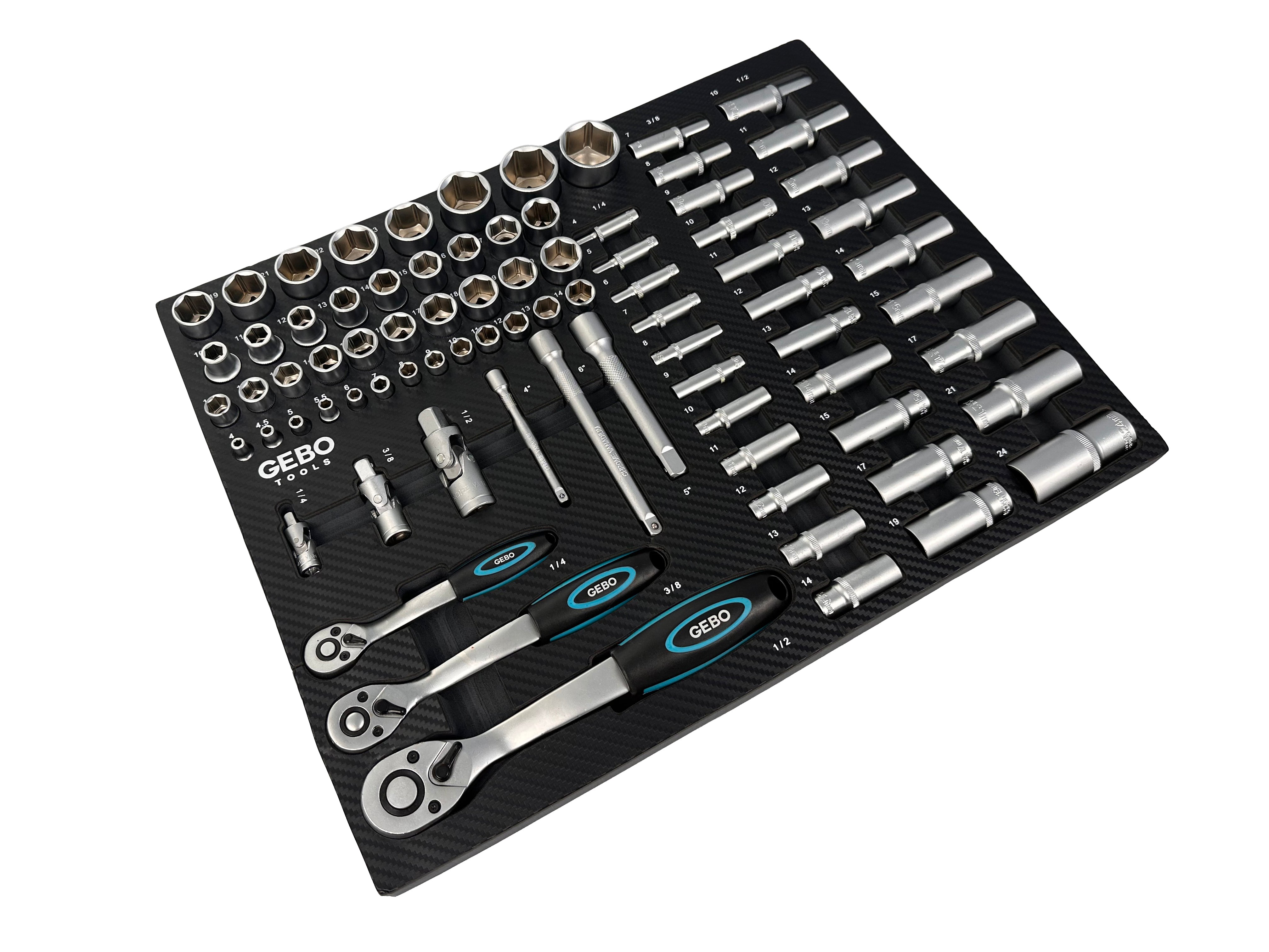 Trusa profesionala GEBO TOOLS 81 piese – modul dulap cu chei tubulare lungi si scurte, biti, prelungitoare, adaptoare si clicheti 1/2”, 3/8”, 1/4” cr-v