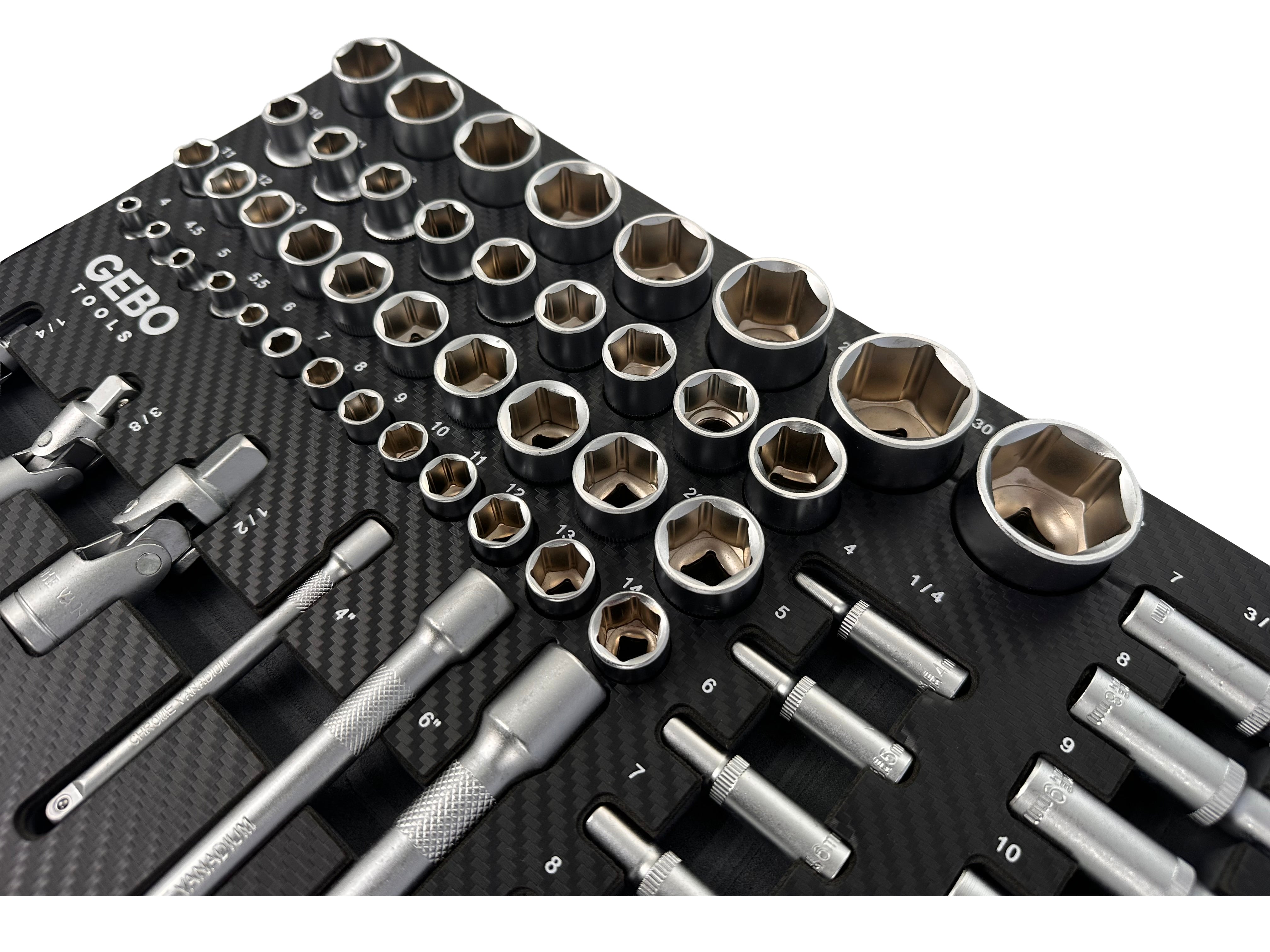 Trusa profesionala GEBO TOOLS 81 piese – modul dulap cu chei tubulare lungi si scurte, biti, prelungitoare, adaptoare si clicheti 1/2”, 3/8”, 1/4” cr-v