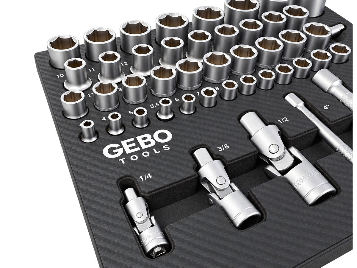 Trusa profesionala GEBO TOOLS 81 piese – modul dulap cu chei tubulare lungi si scurte, biti, prelungitoare, adaptoare si clicheti 1/2”, 3/8”, 1/4” cr-v