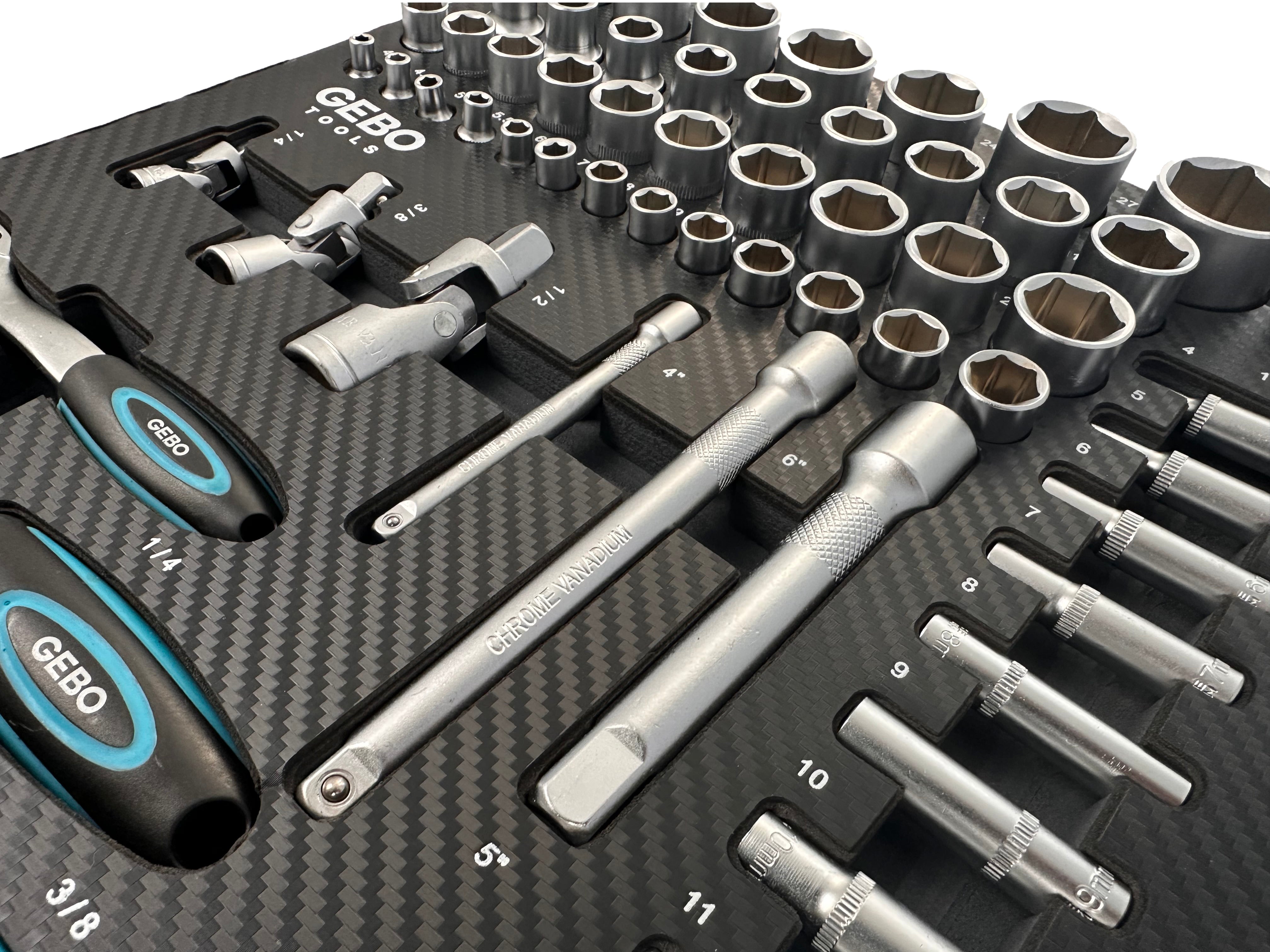 Trusa profesionala GEBO TOOLS 81 piese – modul dulap cu chei tubulare lungi si scurte, biti, prelungitoare, adaptoare si clicheti 1/2”, 3/8”, 1/4” cr-v