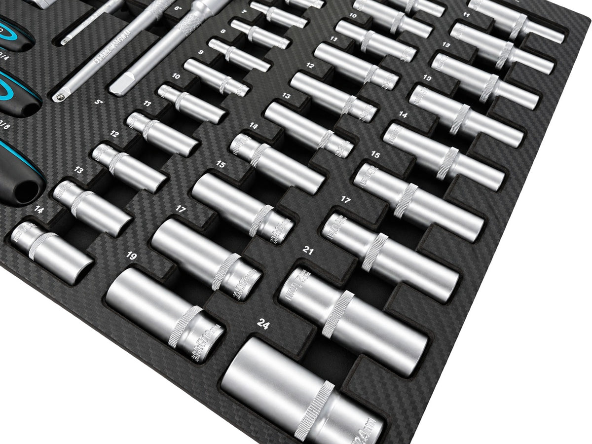 Trusa profesionala GEBO TOOLS 81 piese – modul dulap cu chei tubulare lungi si scurte, biti, prelungitoare, adaptoare si clicheti 1/2”, 3/8”, 1/4” cr-v