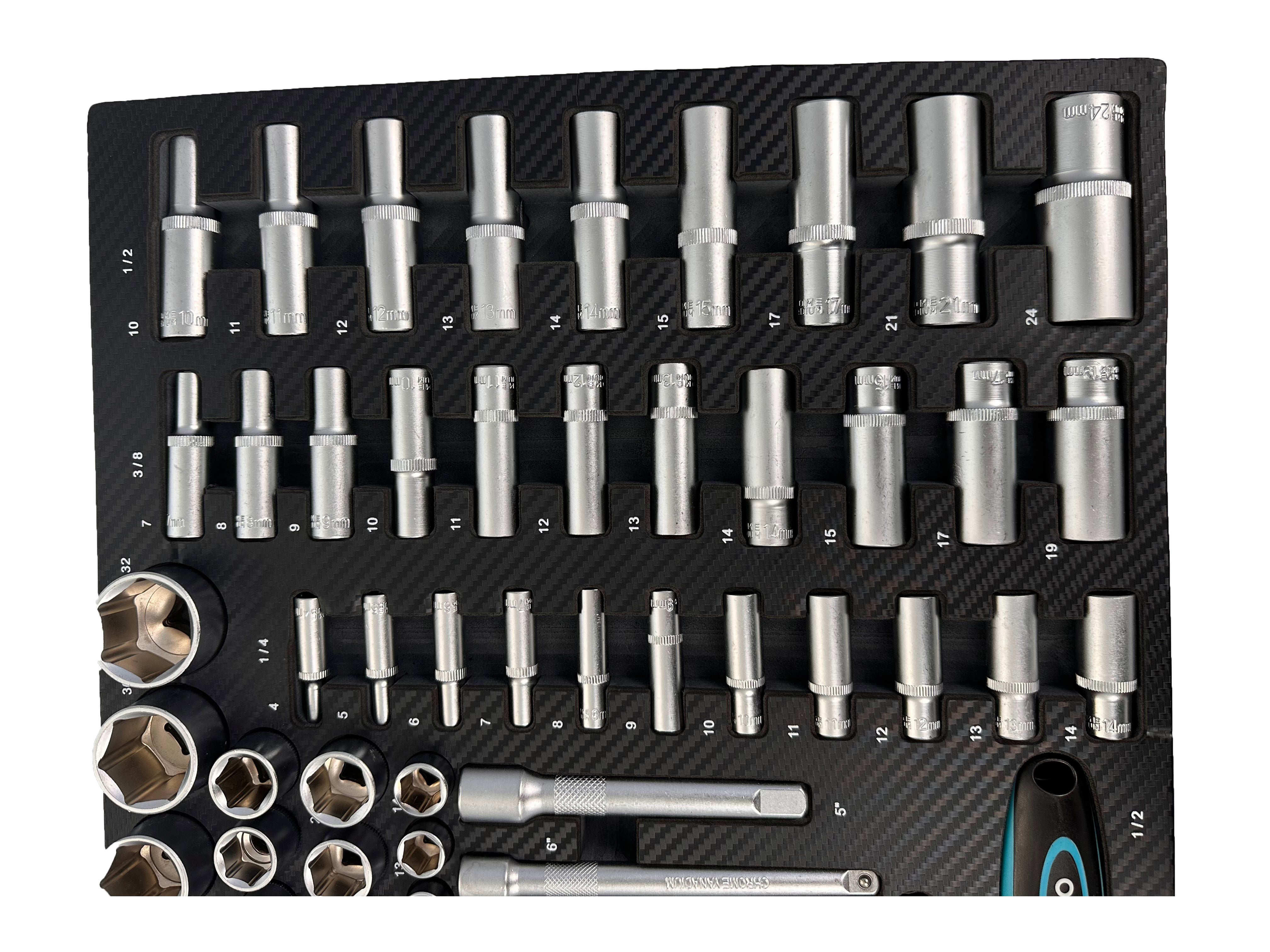 Trusa profesionala GEBO TOOLS 81 piese – modul dulap cu chei tubulare lungi si scurte, biti, prelungitoare, adaptoare si clicheti 1/2”, 3/8”, 1/4” cr-v