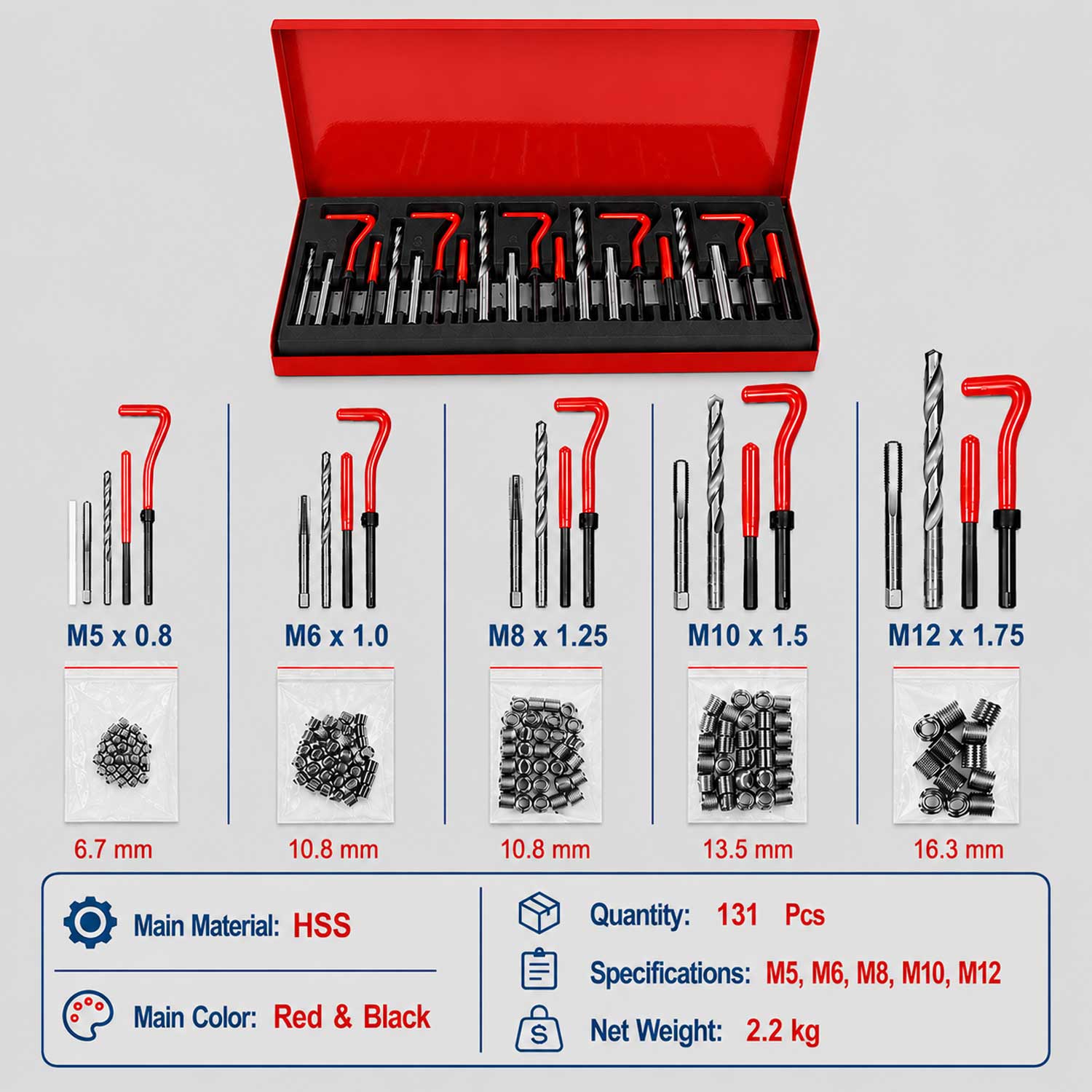 Trusa reparat filete m5 m6 m8 m10 M12 131 piese GEBO TOOLS