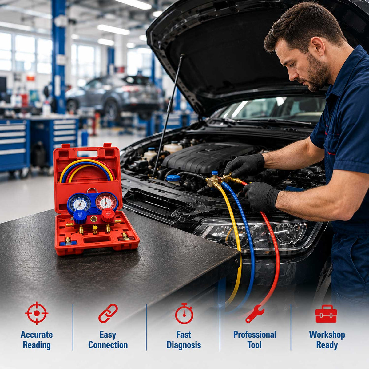Trusa verificare presiune aer conditionat si incarcare umplere diagnosticare instalatii aer conditionat GEBO TOOLS
