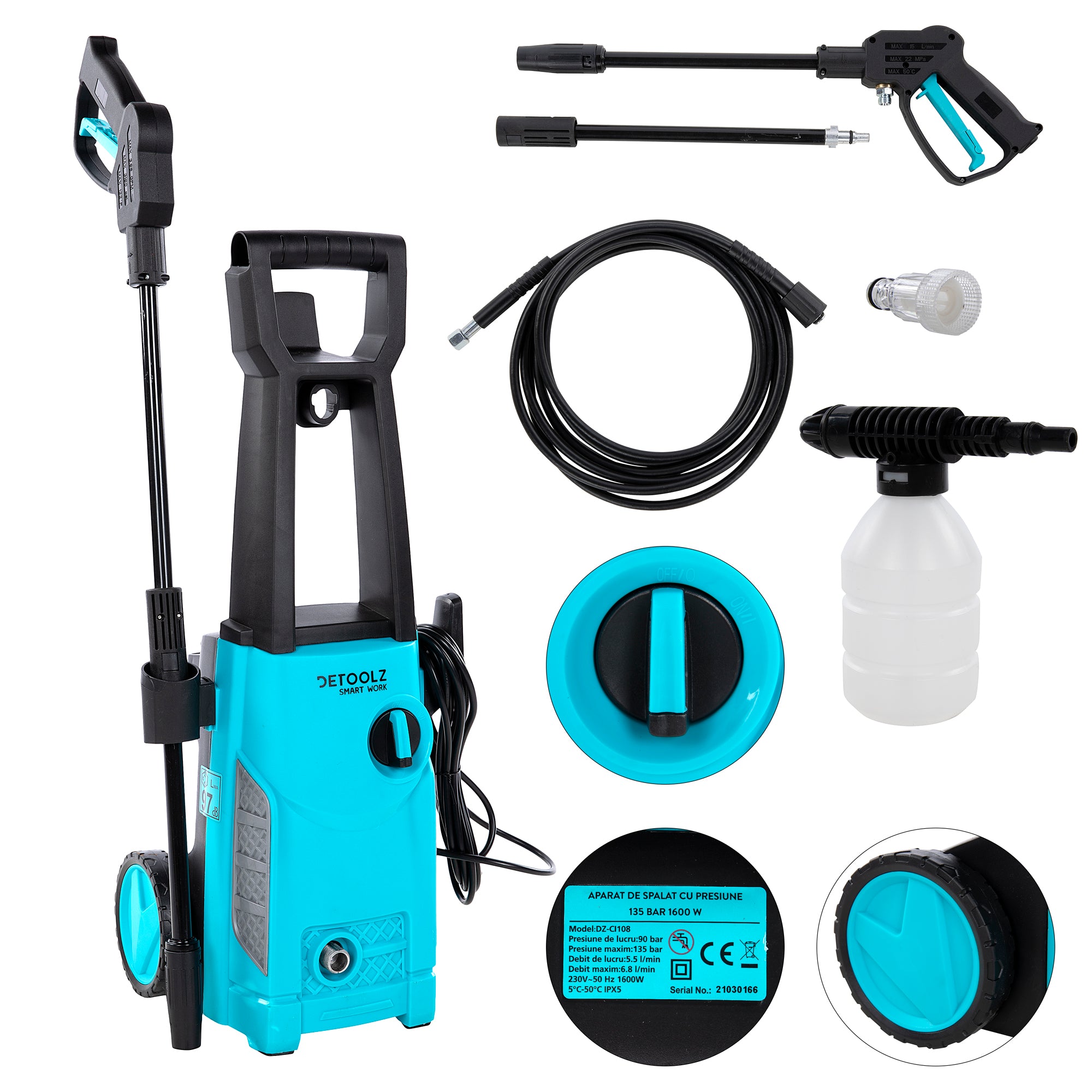 APARAT DE SPALAT CU PRESIUNE 135BAR 1600W DETOOLZ