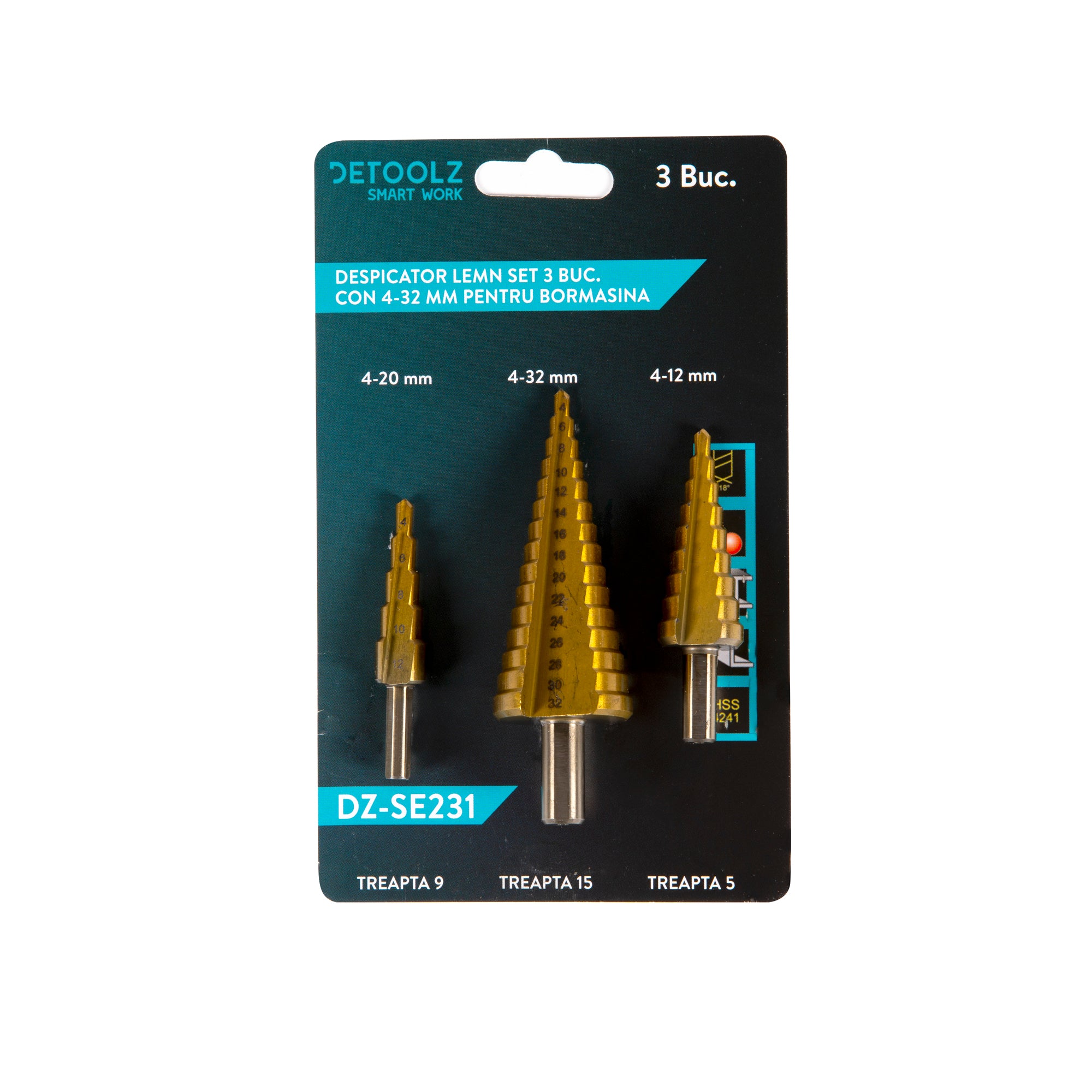 SET 3 FREZE IN TREPTE HSS+TI DIAMETRU 4-12, 4-20, 4-32MM DETOOLZ