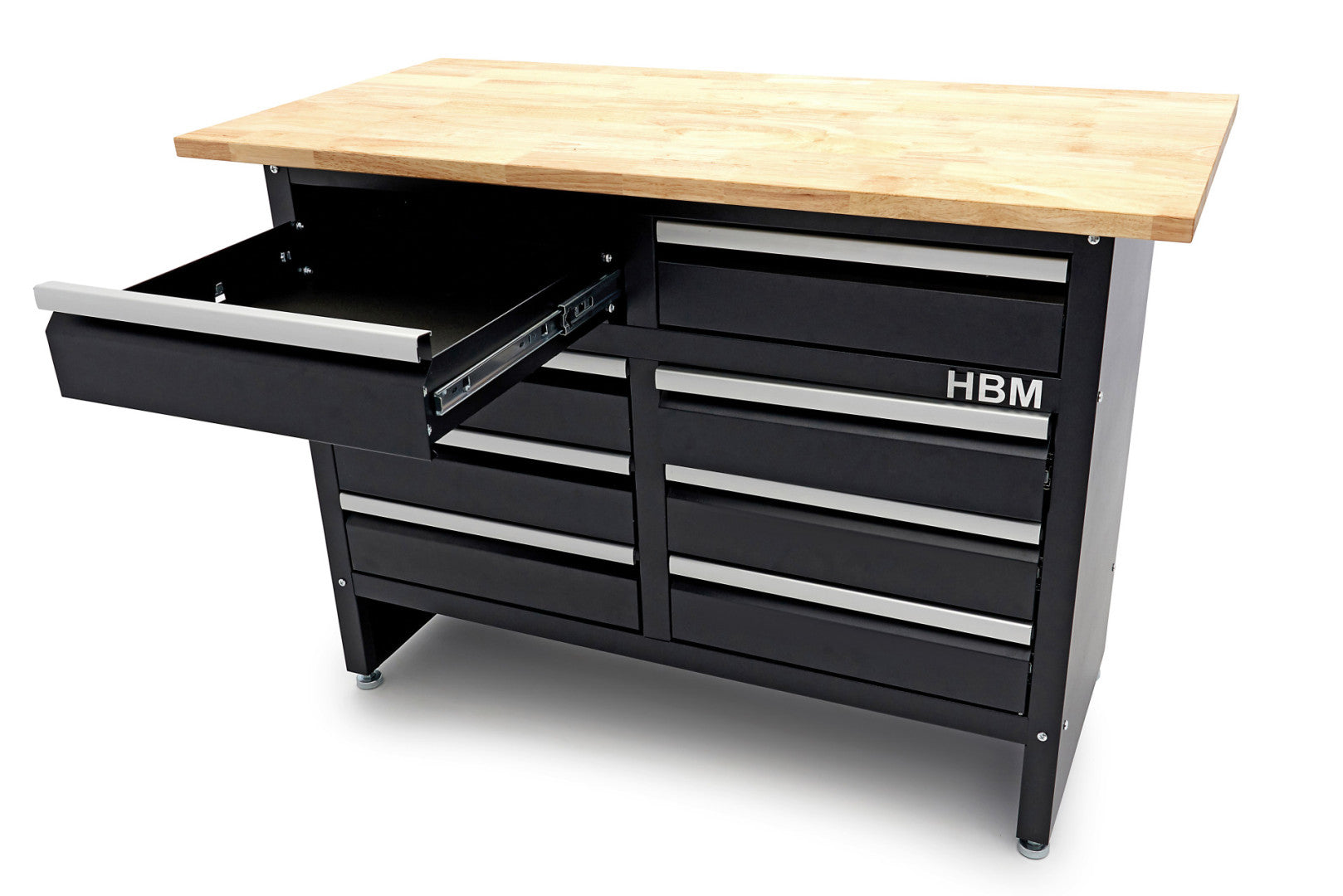 Banc de lucru metalic 120 cm cu 8 sertare si blat din lemn masiv