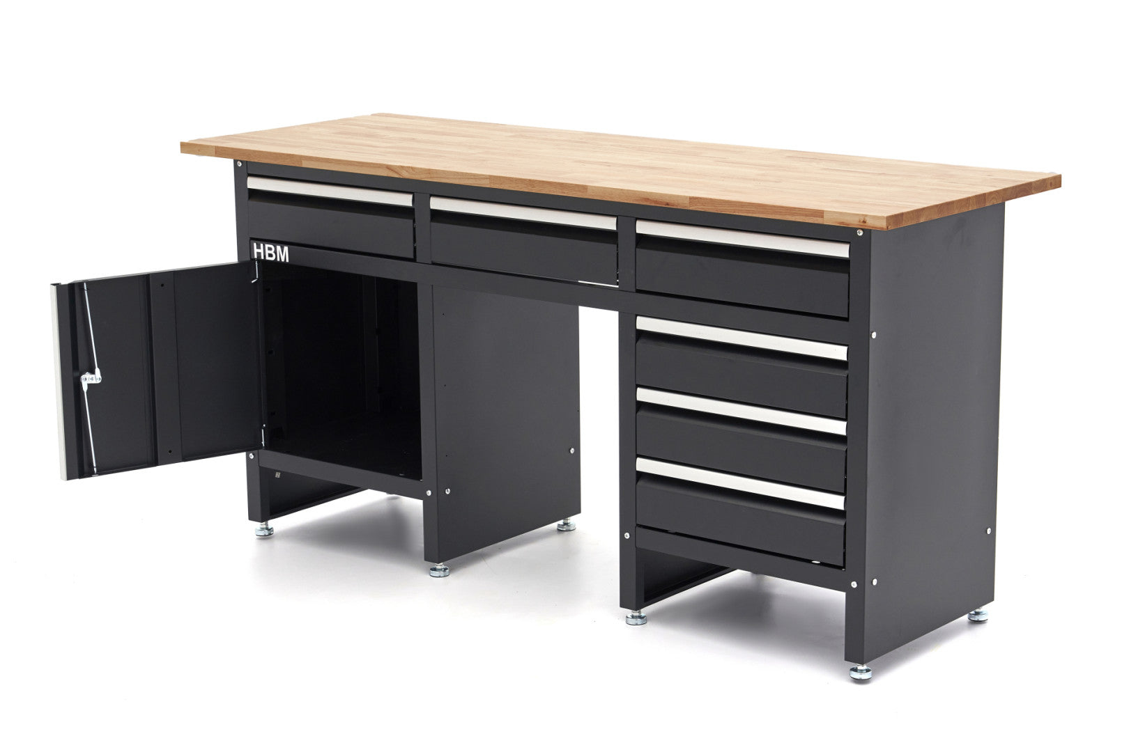 Banc de lucru negru cu 6 sertare, 1 usa si blat din lemn masiv – 171 cm, HBM MACHINES, premium, OLANDA