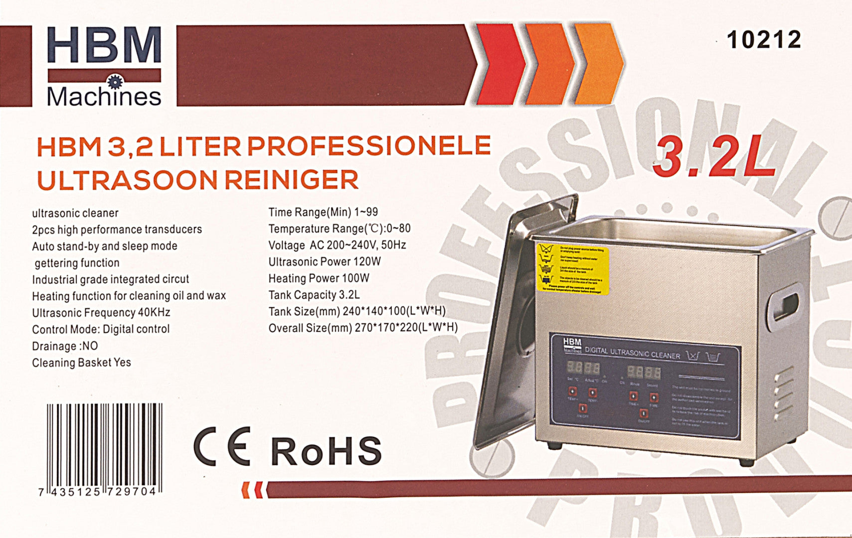 Masina de curatat cu ultrasunete 3l, otel inoxidabil, cronometru digital, HBM MACHINES OLANDA