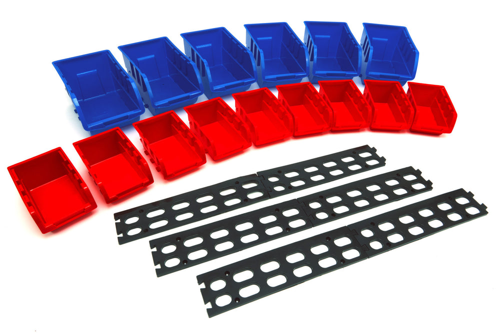 Set 15 cutii pentru depozitare cu sina suport prindere pe perete HBM MACHINES OLANDA
